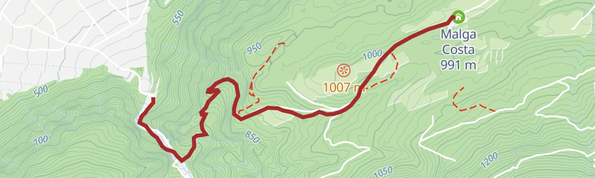 Route map: Barco di Levico-Malga Costa "Arte Sella" walk